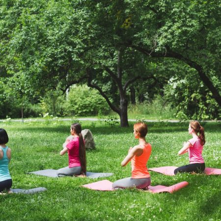Women sitting in lotus position during yoga training at park.